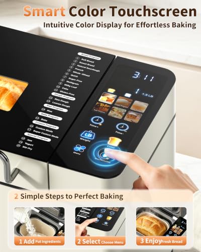 KBS 2.2LB Smart Bread Maker, 20-in-1 Automatic Bread Machine with Color Touchscreen, Dual Heaters, True Ceramic Pan, Auto Nut Dispenser, 2 Custom Programs, Sourdough&Gluten Free, White Stainless Steel