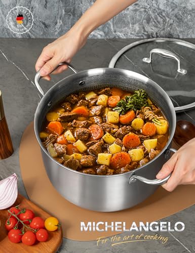 MICHELANGELO Tri-ply Stainless Steel Stock Pot, 8-Quart Stockpot with Lid, 18/10 Nonstick Cooking Pot with Honeycomb Interior, Compatible with All Cooktops