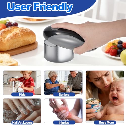 Rechargeable Electric Can Opener for Seniors with Arthritis, Handsfree Automatic Can Opener Electric with Smooth Edge, Magnet Lid Lifter, Fits Almost Can Sizes, Can Opener for Kitchen (Black & Grey)