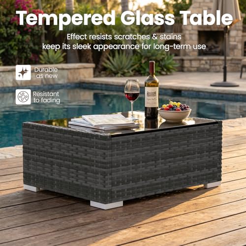 Vakollia 15 Pieces Patio Furniture Set with 44" Propane Gas Fire Pit Table, Outdoor Sectional Wicker Conversation Sofa Sets with Coffee Table