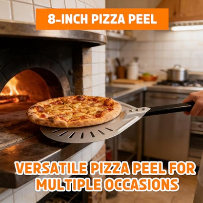 Pizza Peel and Pan Set, 6 Piece Pizza Oven Accessories, 12 Inch Metal Pizza Paddle with Foldable Wooden Handle, 8 Inch Metal Peel, Rocker Cutter, Server, Stainless Steel Plates and Tongs