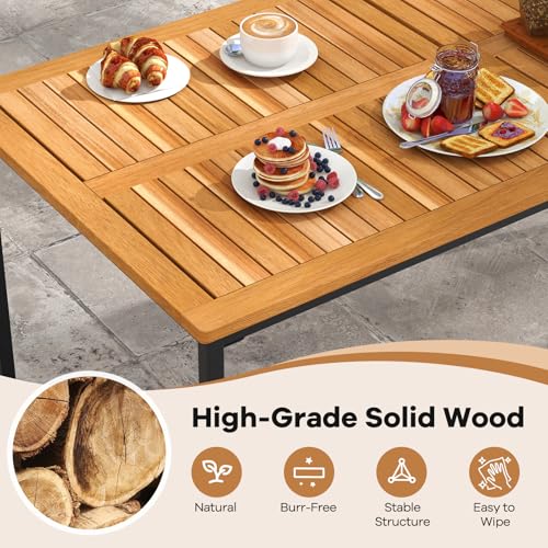 Tangkula 7 Piece Outdoor Dining Set for 6, Acacia Wood Rectangular Dining Table & 6 Armless Chairs w/Metal Frame, Umbrella Hole, Farmhouse Dining Furniture Set for Garden Porch Poolside