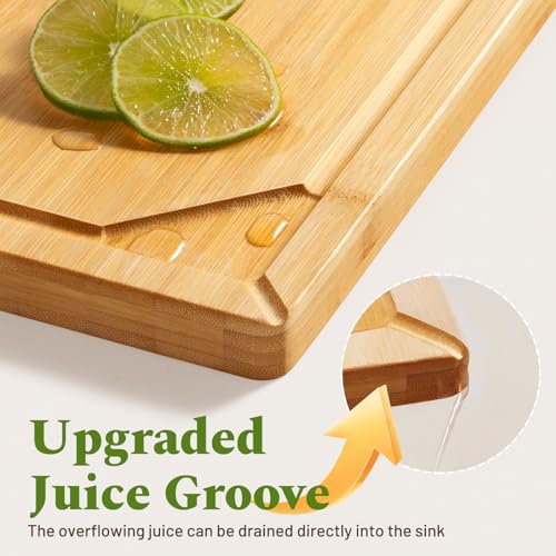 Kikcoin 3+1 Piece Self-Draining Bamboo Cutting Boards, Wooden Cutting Boards for Charcuterie, Vegetables, Cheese, Bread, Extra Large Chopping Boards with Deep Juice Groove and Handle, Natural