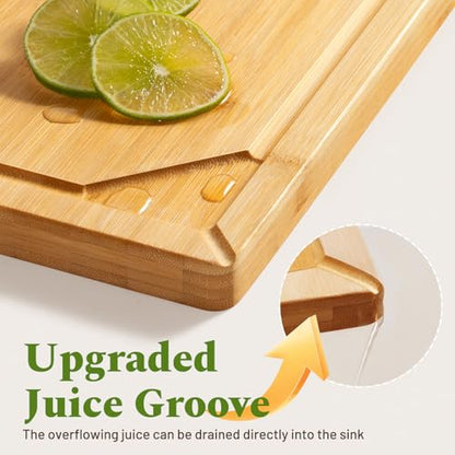 Kikcoin 3+1 Piece Self-Draining Bamboo Cutting Boards, Wooden Cutting Boards for Charcuterie, Vegetables, Cheese, Bread, Extra Large Chopping Boards with Deep Juice Groove and Handle, Natural