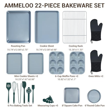Ammeloo 22-Piece Baking Pans Set Stackable Bakeware Non Stick Baking Set Non Toxic Oven Pans, Including Roasting Pan, Cookie Sheets, Muffin Pans, Cake Pans, Oven Mitt and Utensils(Gray & Hunter Green)