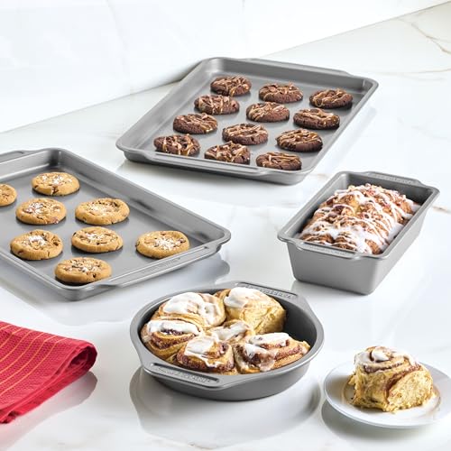 Farberware Steel Nonstick Baking, Includes Cookie, Loaf/Meatloaf, Cake Pan, 4 Piece Non Stick Bakeware Set, Gray