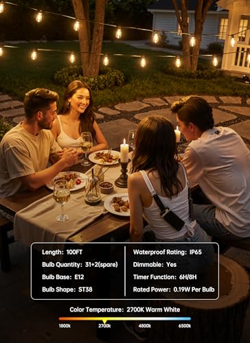 Minetom 100FT Outdoor-String-Lights with Remote, 31+2 Shatterproof ST38 LED Bulbs, Waterproof Patio Lights with 3 Modes, Dimmable & Connectable 2700K Hanging Lights for Backyard Porch Deck Balcony