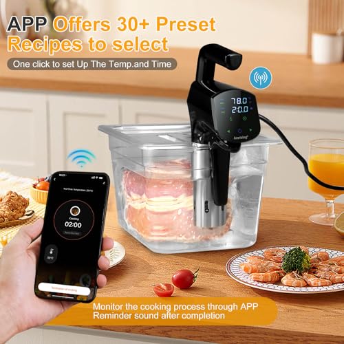 Sous Vide Cooker 2.4G WIFI, Sous Vide Machine with 30 Preset Recipes on APP & Calibration Function, 1300W Ultra-Quiet Immersion Circulator, Accurate Temperature and Time, Fast-Heating with Timer