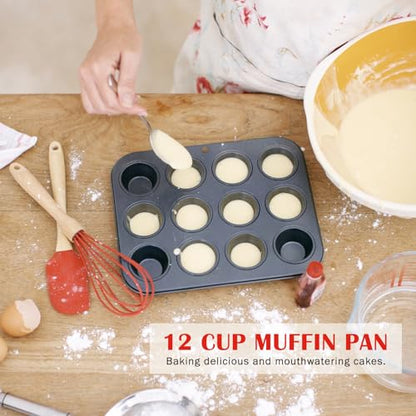 Bakeware Sets, Nonstick Baking Pans Set 8 Piece Including Donut Pan,2 Round Cake Pan, Square Cake Pan, Loaf Pan, Muffin Pan, Cookie Sheet, Roast Pan, Carbon Steel Bake Set (black)