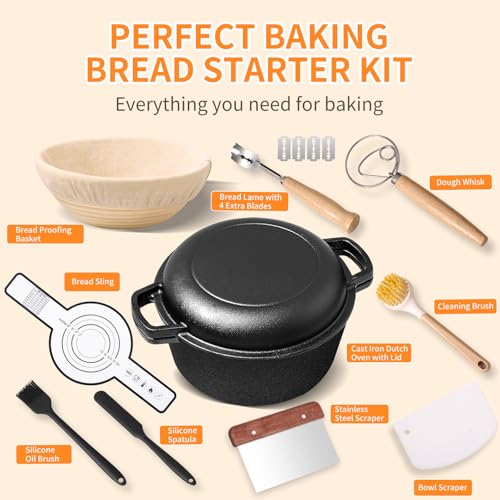 Pre-Seasoned Cast Iron Dutch Oven for Bread Baking - incl. Sourdough Bread-Baking Supplies like Proofing Basket, 2-in-1 Dutch Oven Pot with Skillet Lid and Dual Handles, Sour Dough Tools, Lame, 5QT