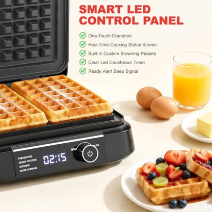 Waffle Maker, 8 Browning Levels Smart LED Digital Timer, Audible Ready Beep