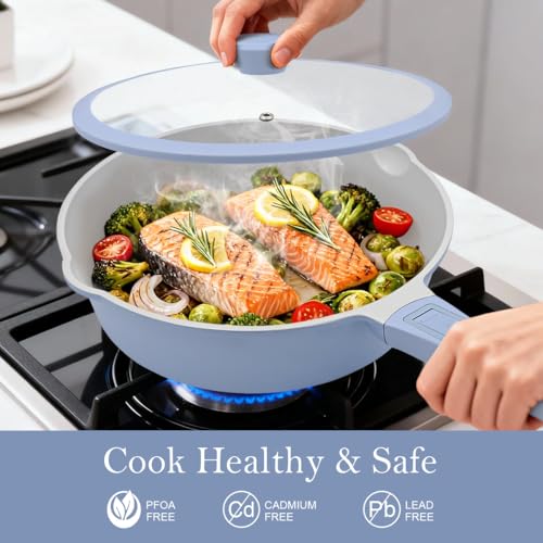 AIKENBBKK Ceramic Frying Pan Skillet with Lid, 12 inch Nonstick Deep Frying Pan for Cooking, 5 QT Large Saute Pan with Detachable Handle, Induction Ready, PTFE & PFAS-Free, Oven Safe, Blue