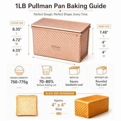 Spmarkt Pullman Loaf Pan with Lid, Aluminized Steel 1 Lb Nonstick Sandwich Bread Pan for Homemade Bread, 8.4x4.8 Inch Professional Rectangular Loaf Pan with Dough Scraper and Cutter
