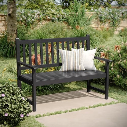 Flash Furniture Adele Commercial Indoor/Outdoor Acacia Wood Bench, 2-Person Slatted Patio Loveseat, for Use in Yard, Garden, Porch, or Park, Black