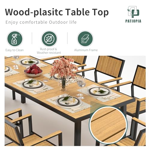 PATIOPIA 10-Piece Patio Dining Set, Outdoor Weather-Resistant Plastic-Wood Table & 8 Stackable Chairs, Outdoor Durable Aluminum Frame Furniture for Garden, Poolside, Backyard