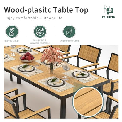 PATIOPIA 10-Piece Patio Dining Set, Outdoor Weather-Resistant Plastic-Wood Table & 8 Stackable Chairs, Outdoor Durable Aluminum Frame Furniture for Garden, Poolside, Backyard