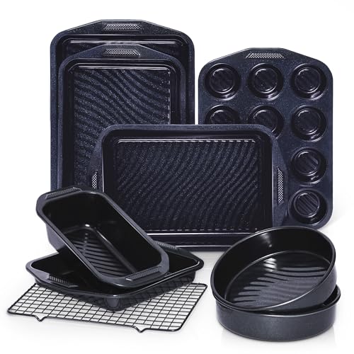 HONGBAKE 9-Piece Non Stick Baking Pans Set with Wave Texture for Reduced Oil, 0.8mm Thick Non Toxic Bakeware Sets, Includes Stackable Cookie Sheets for Oven Cooking, Cake Pan, Muffin Pan, Blue
