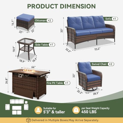 Aoxun 7-Piece Wicker Rattan Patio Furniture Set with 44" Fire Pit Table