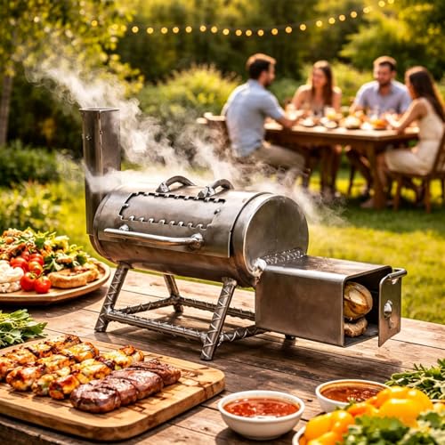 Miniature Smoker, Mini BBQ Grill Tabletop Smoker, Portable Charcoal Grill with Charcoal Chimney, Charcoals Grills with Smokers Combo for BBQ Grilling