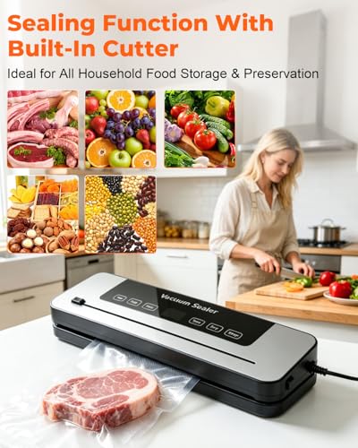 Vacuum Sealer Machine, 75KPa Strong Suction Dry Moist Mode Automatic Food Sealer with Digital Timer, Built-in Cutter, Compact Food Saver Machine White, Comes with 50 Vacuum Bags