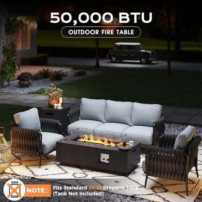 Jocoevol Fire Pit Table 50,000 BTU 42" Rectangular Propane Fire Pit Outdoor with Wind Guard Glass, Lid, Rocks and Cover Gas Fireplace for Deck or Patio