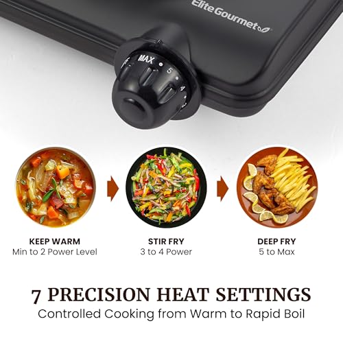 Elite Gourmet Countertop Electric Burner, 1000W Cast Iron Hot Plate, 7 Heat Settings, Portable Cooktop for RV, Dorm, Office & Small Kitchens, Road-Ready & Compact