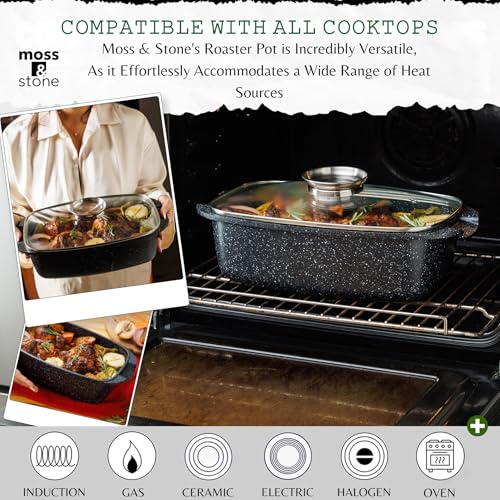 Moss & Stone 6 Quart Oval Roaster Pot with Lid, 12"x8.3" Die Cast Aluminum Chicken Roaster, Induction, Gas & Ceramic Cooktop Compatible, Hard Anodized Nonstick Roasting Pan With Lid, Oven Safe