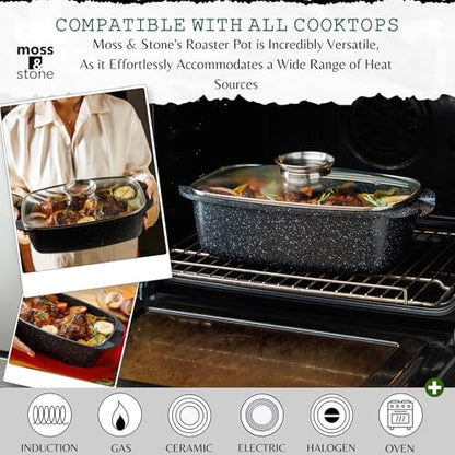Moss & Stone 6 Quart Oval Roaster Pot with Lid, 12"x8.3" Die Cast Aluminum Chicken Roaster, Induction, Gas & Ceramic Cooktop Compatible, Hard Anodized Nonstick Roasting Pan With Lid, Oven Safe