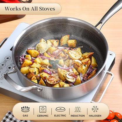 LOLYKITCH 12 Inch Deep Frying Pan with Lid, Nonstick 5QT Tri-Ply Stainless Steel Sauté Pan with Ceramic Coating, PFOA & PFOS Free, Induction Cooking Skillet, Dishwasher and Oven Safe