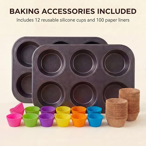 PIGOABZ 2 Pack Jumbo Muffin Pan, 6 Cup Nonstick Texas Muffin Pans with 12 Reusable Silicone Muffin Cups and 100 Paper Liners, Jumbo Cupcake Baking Pans for Large Muffins (X-Large)