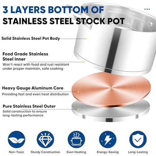 TeamFar 5 QT Stock Pot, Tri-ply Bottom Stainless Steel Stockpot Cooking Soup Pasta Pot with Lid for Gas/Induction/Electric Stoves, Non-toxic & Heavy Duty, Double Handles & Dishwasher Safe