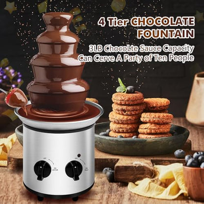 ZEVELOO Chocolate Fountain Machine Electric Chocolate Fondue Fountain Machine Stainless Steel 4-Pound Capacity for Chocolate Candy Butter Cheese (4-Tier)