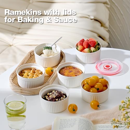 Mfacoy Ramekins with Lids Set of 6, 8 oz Porcelain Creme Brulee Souffle Ramekins with Covers, White Pudding Custard Cups Ramiken for Baking, Small Bowls for Sauces Dessert, Dishwasher and Oven Safe