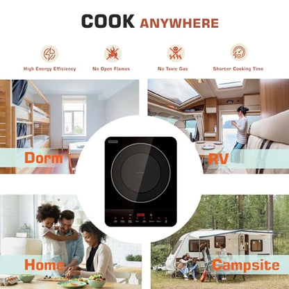 Empava Portable Induction Hot Plate Cooktop, Countertop Electric Stove with Single Burner, 3 Preset Modes, Shatterproof Glass Top, 110~120V Plug-In for Kitchen, RV, and Outdoor Camping