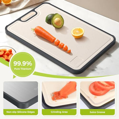 Titanium Cutting Board for Kitchen, Double Sided Chopping Board, 99.9% Pure Titanium & PP, Non-Porous, Odor Resistant, Safe for Raw & Cooked Food, Easy to Clean, Large 15”×10.3”