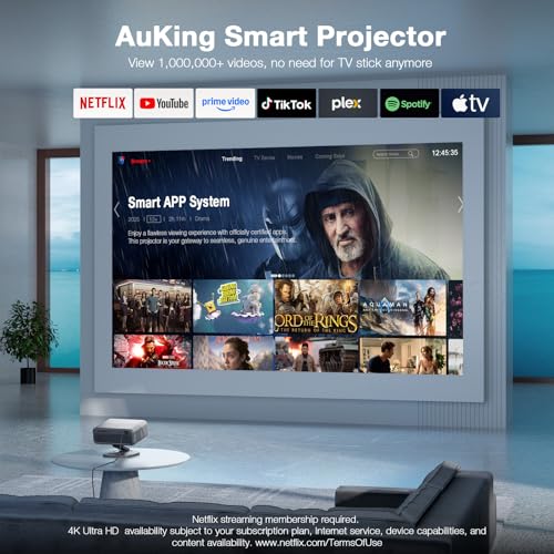 [Now with Netflix & 3500 ANSI] 4K Projector with WiFi and Bluetooth,TOF Real-Time Auto Focus Smart Projector, AuKing Outdoor Movie Home Theater Proyector with Omni-Adjustable Stand(grey)