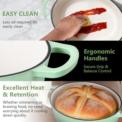P&P CHEF Oval Dutch Oven with Lid, Enameled Cast Dutch Oven Pot for Bread Baking, Braising, Stewing, Roasting, Non-Stick & Oven Safe, Dual Handles & Easy Clean, 5QT & Pistachio Green, Valentine's Day