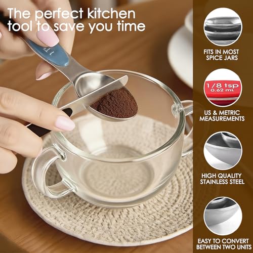 Stainless Steel Magnetic Measuring Spoons Set of 9 with Leveler,Dual Sided, Stackable, Adjustable Teaspoon and Tablespoon, Measuring Liquids and Dry Ingredients, Baking& Cooking Gadgest,Multicolor