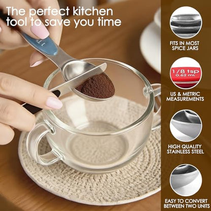 Stainless Steel Magnetic Measuring Spoons Set of 9 with Leveler,Dual Sided, Stackable, Adjustable Teaspoon and Tablespoon, Measuring Liquids and Dry Ingredients, Baking& Cooking Gadgest,Multicolor