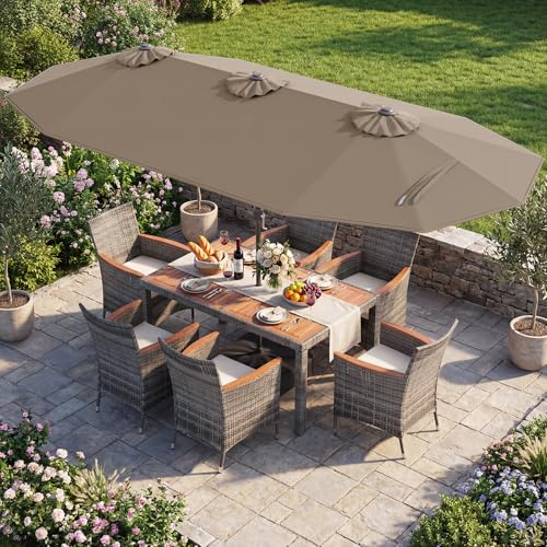Tangkula 9 Pieces Rattan Outdoor Dining Set with 13Ft Solar Patio Umbrella for 6, Outdoor Wicker Table Set with 8 Cushioned Chairs, Acacia Wood Top, Outdoor Umbrella with Base Included