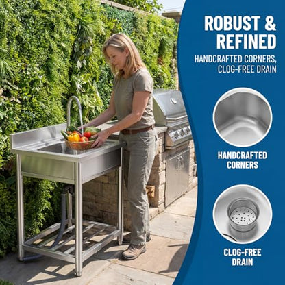Free Standing Stainless-Steel Single Bowl Commercial Restaurant Kitchen Sink Set w/Faucet, Prep & Utility Washing Hand Basin w/Storage Shelve, laundry tub for Indoor Outdoor (22in)