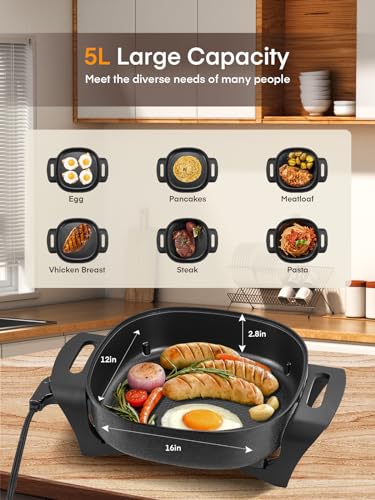 FOHERE 12 Inch Deep Non Stick Electric Skillet, Electric Frying Pan with Adjustable Temperature Control, Heat Resistant Handles and Non-stick Coating Easy to Clean, Quick Even Heating, 1360W, Black