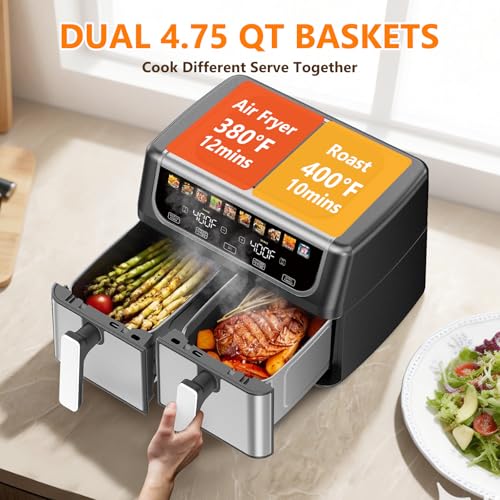 DUMOS 9.5 Quart Dual Basket Air Fryer, 10-in-1 Large Airfryer