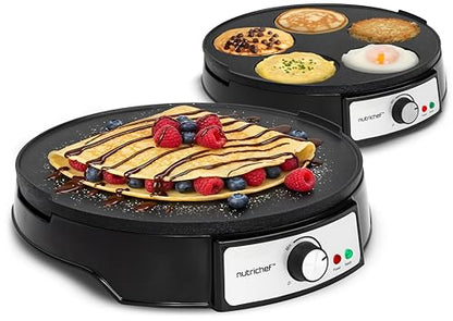 Electric Crepe Maker & Griddle Cooktop | Nonstick Reversible 12 Inch Hot Plate with LED Indicator Lights & Adjustable Temperature Control | Wooden Spatula & Batter Spreader NutriChef Included