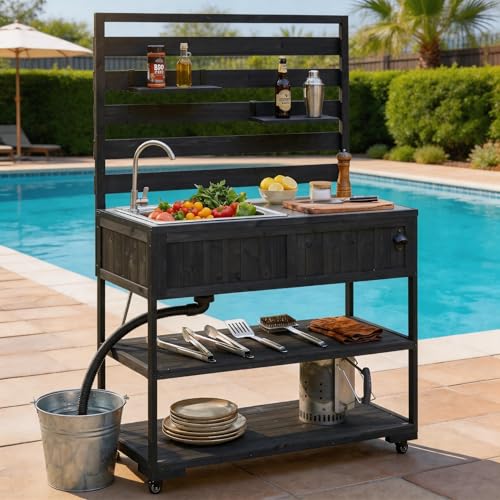 SKJDCSDLLSN Mobile Outdoor Grill Cart with Integrated Sink and Faucet, Portable Solid Wood Kitchen Island on Wheels with 2-Tier Shelving, Backyard BBQ Prep Table & Potting Bench for Garden