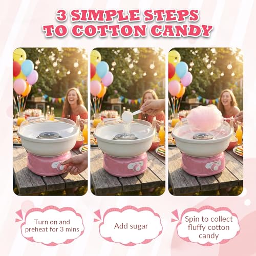 Cotton Candy Machine, Cotto Candy Maker for Kids with Cartoon DIY Stickers, 6 Paper Cones & Sugar Scoop, Homemade Candy Machine for Birthday, Party Gatherings,Christmas Halloween Gift, Pink (M.20)