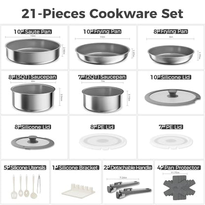 Sanho 21-Piece Pots and Pans Set, Healthy Ceramic Nonstick Cookware with Detachable Handles, Induction RV Kitchen Set, Dishwasher & Oven Safe, Gray