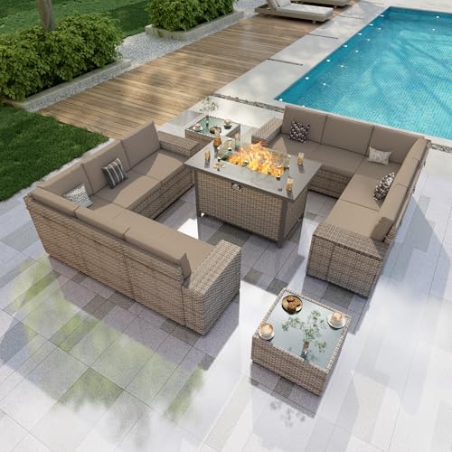 13 Pieces Patio Furniture Set, Outdoor Modular Sectional Couch Conversation Set with Wide Armrests, Wicker Seating Group Sofa with Coffee Table and Fire Pit for Backyard Balcony (Khaki Cushions)