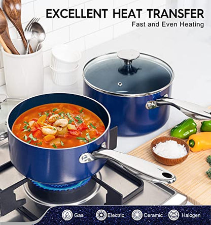 MICHELANGELO 3 Quart Saucepan with Lid, Nonstick Ceramic Sauce Pan with Stainless Steel Handle, 3 Qt Saucepan with Lid Induction Compatible, Oven Safe, Blue