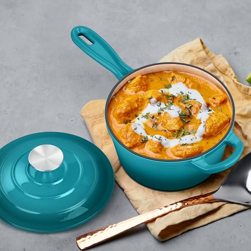 3 Quart Sauce Pan with Lid, Leonyo Enameled Cast Iron Sauce Pot, Large Cast Iron Pot Dutch Oven Kitchen Cookware for All Cooktops Cooking Pasta, Soup, Milk - Up to 500°F & 8bs, Lake Green